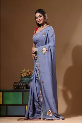 Teal blue pure linen with kantha work saree with blouse piece