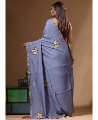 Teal blue pure linen with kantha work saree with blouse piece 3