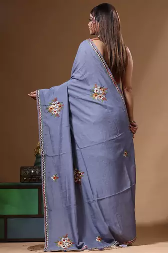 Teal blue pure linen with kantha work saree with blouse piece