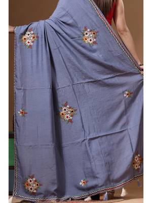 Teal blue pure linen with kantha work saree with blouse piece 4
