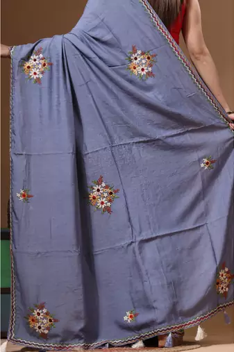 Teal blue pure linen with kantha work saree with blouse piece