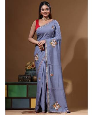 Teal blue pure linen with kantha work saree with blouse piece 5