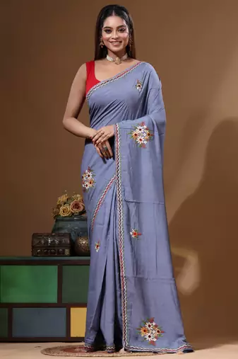 Teal blue pure linen with kantha work saree with blouse piece