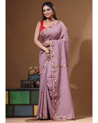 Lavendar pure linen with kantha work saree with blouse piece 1