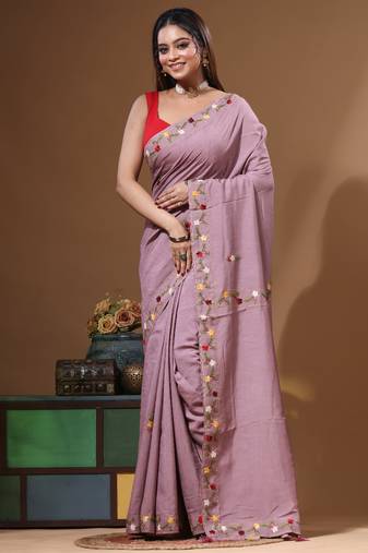 Lavendar pure linen with kantha work saree with blouse piece