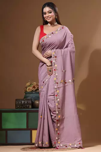 Lavendar pure linen with kantha work saree with blouse piece