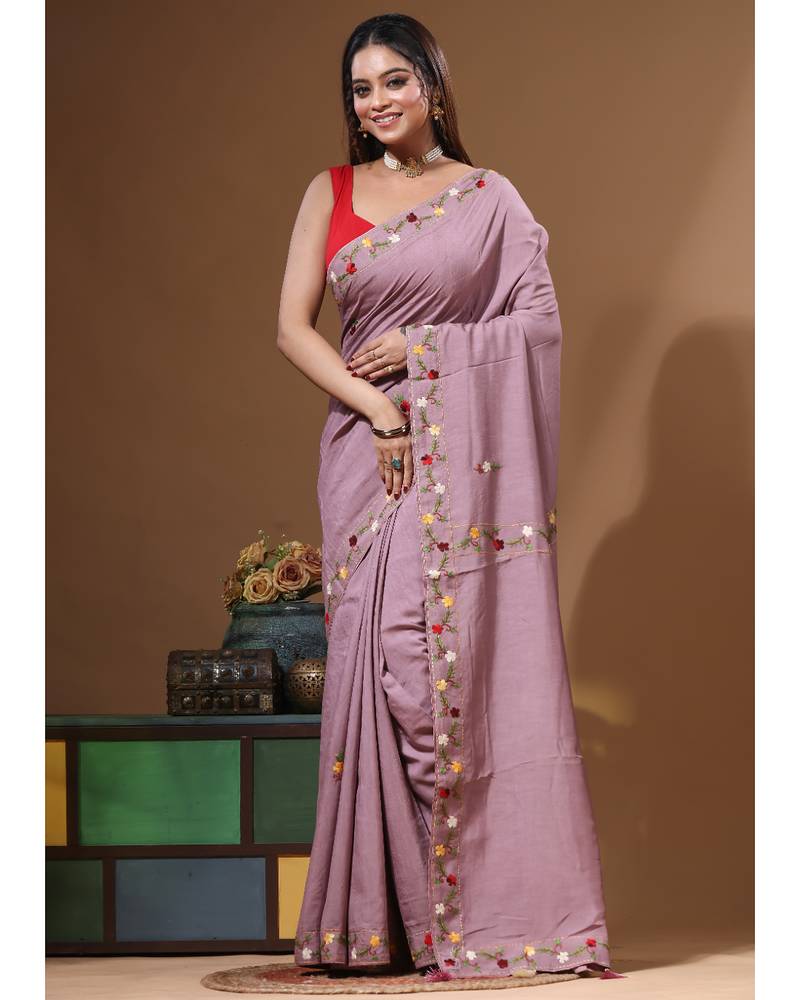 Lavendar pure linen with kantha work saree with blouse piece