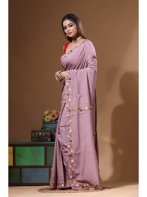 Lavendar pure linen with kantha work saree with blouse piece 2