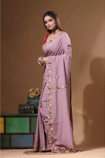 Lavendar pure linen with kantha work saree with blouse piece