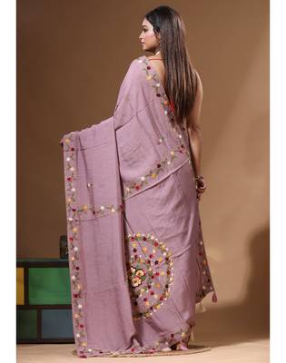 Lavendar pure linen with kantha work saree with blouse piece 3