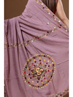 Lavendar pure linen with kantha work saree with blouse piece 4