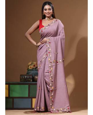 Lavendar pure linen with kantha work saree with blouse piece 5