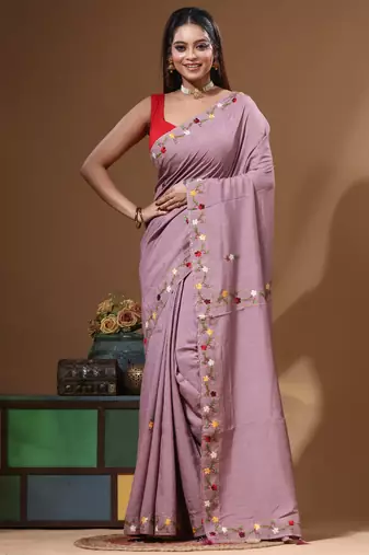 Lavendar pure linen with kantha work saree with blouse piece