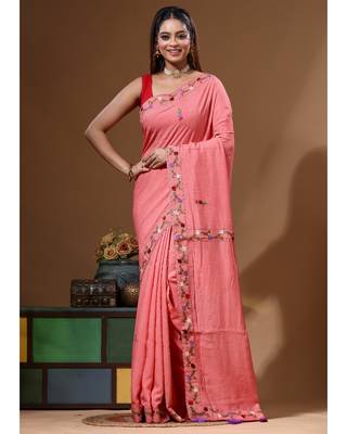 Cherry pink pure linen with kantha work saree with blouse piece 1