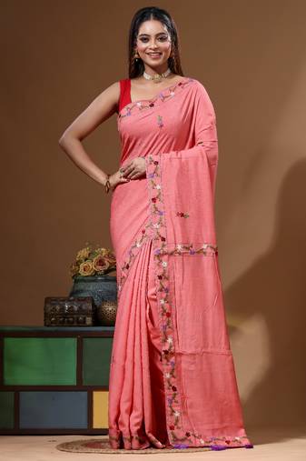 Cherry pink pure linen with kantha work saree with blouse piece