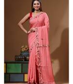 Cherry pink pure linen with kantha work saree with blouse piece