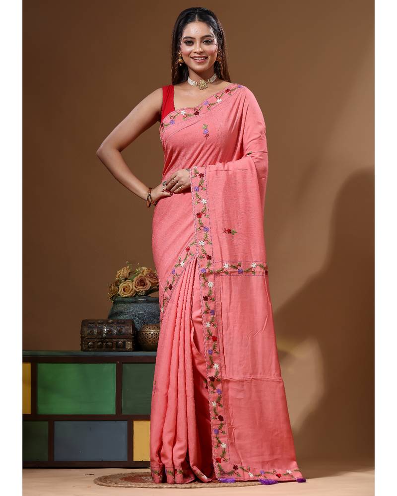 Cherry pink pure linen with kantha work saree with blouse piece