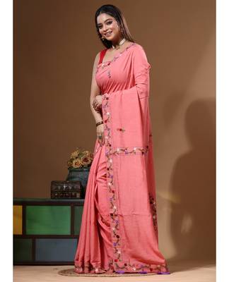 Cherry pink pure linen with kantha work saree with blouse piece 2