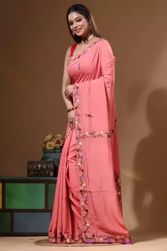 Cherry pink pure linen with kantha work saree with blouse piece