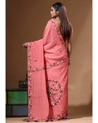Cherry pink pure linen with kantha work saree with blouse piece 3