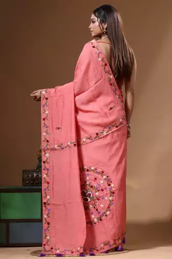 Cherry pink pure linen with kantha work saree with blouse piece