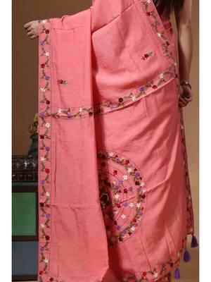 Cherry pink pure linen with kantha work saree with blouse piece 4