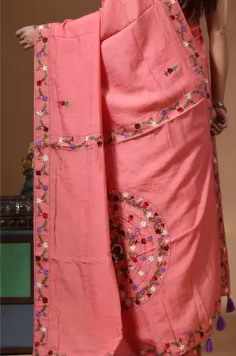 Cherry pink pure linen with kantha work saree with blouse piece