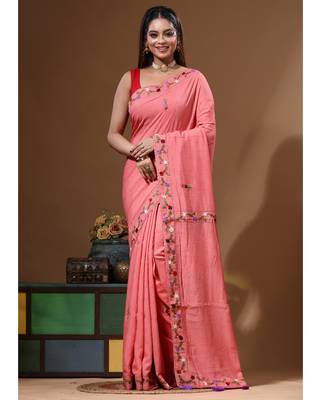 Cherry pink pure linen with kantha work saree with blouse piece 5