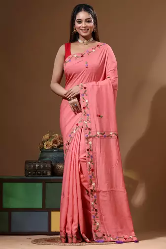 Cherry pink pure linen with kantha work saree with blouse piece