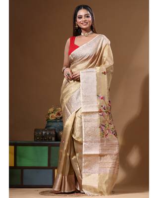 Beige pure tissue with kantha work saree with blouse piece 1