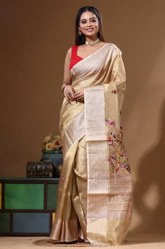 Beige pure tissue with kantha work saree with blouse piece