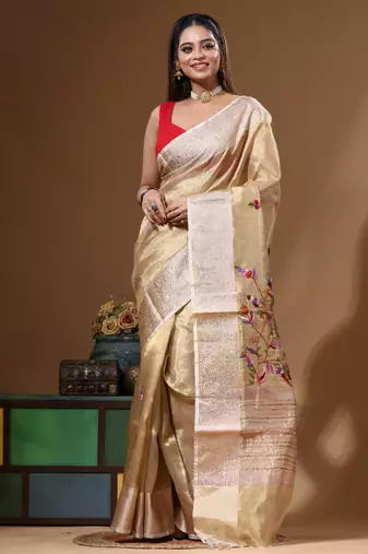 Beige pure tissue with kantha work saree with blouse piece
