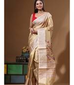 Beige pure tissue with kantha work saree with blouse piece