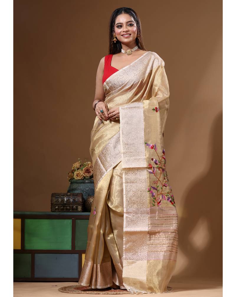 Beige pure tissue with kantha work saree with blouse piece