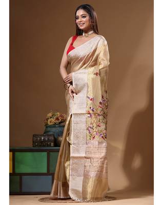 Beige pure tissue with kantha work saree with blouse piece 2
