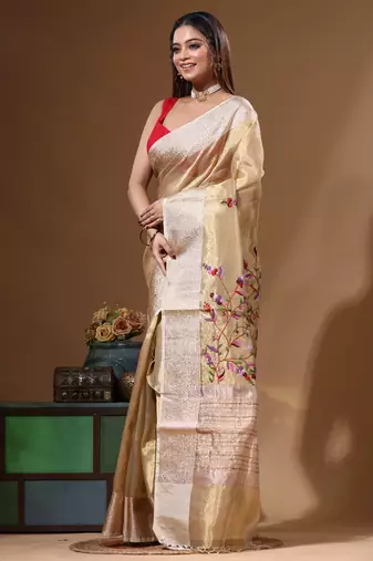 Beige pure tissue with kantha work saree with blouse piece