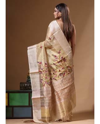 Beige pure tissue with kantha work saree with blouse piece 3