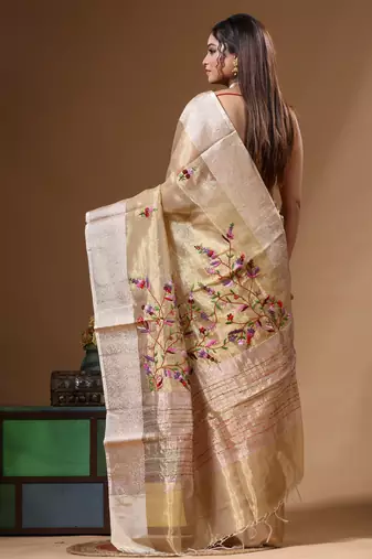 Beige pure tissue with kantha work saree with blouse piece