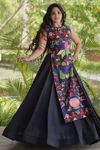 kora cotton lehenga choli with gamthi thread embroidery - full stitched free size