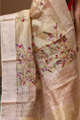 Beige pure tissue with kantha work saree with blouse piece