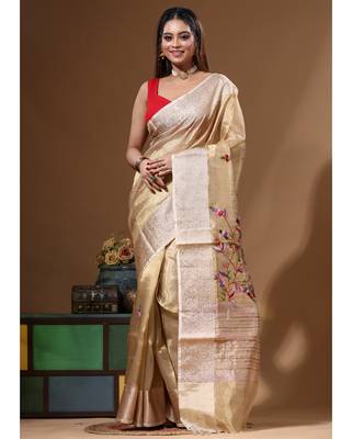Beige pure tissue with kantha work saree with blouse piece 5