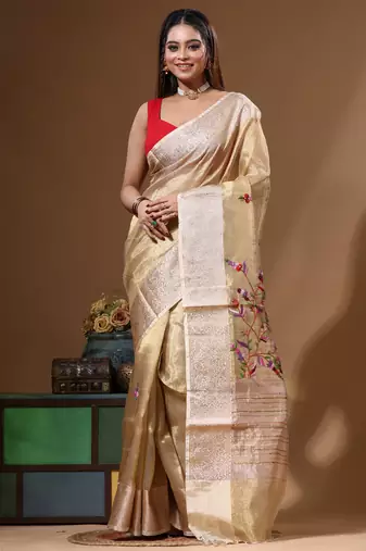 Beige pure tissue with kantha work saree with blouse piece