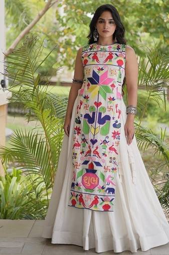 kora cotton lehenga choli with gamthi thread embroidery - full stitched free size