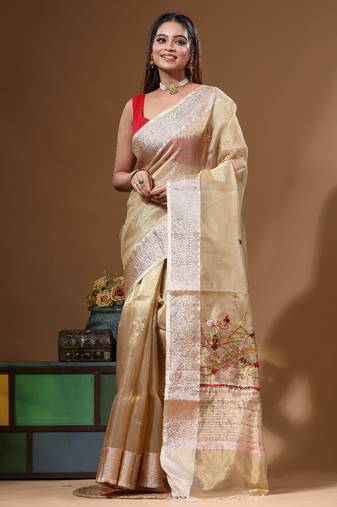 Beige pure tissue with kantha work saree with blouse piece