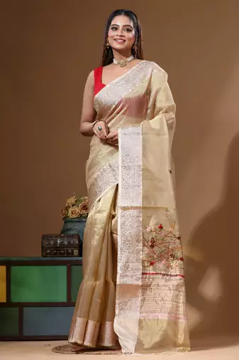Beige pure tissue with kantha work saree with blouse piece