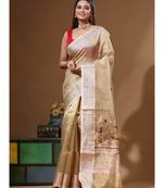 Beige pure tissue with kantha work saree with blouse piece