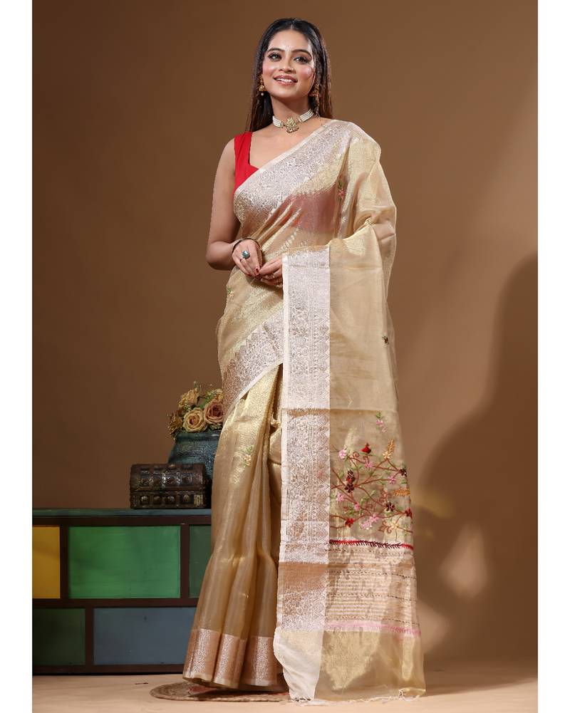 Beige pure tissue with kantha work saree with blouse piece