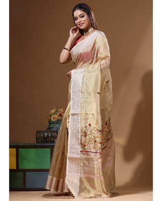 Beige pure tissue with kantha work saree with blouse piece 2
