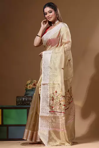 Beige pure tissue with kantha work saree with blouse piece