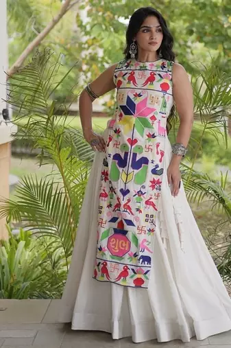 kora cotton lehenga choli with gamthi thread embroidery - full stitched free size